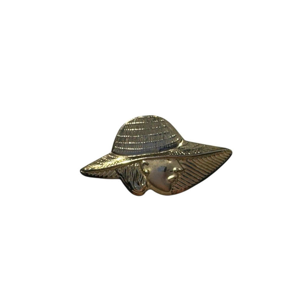 Vintage Gold Tone Wide Brim Sun Hat Elegant Woman's Profile Brooch Pin